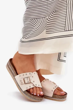 Outlet Boto Klapki Damskie Na Platformie Z Klamrą I Ćwiekami Beżowe Nusithia