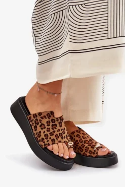 Damskie Boto Klapki Damskie Na Platformie I Niskim Koturnie Z Ozdobnym Detalem Panterka Brązowe Saqesse