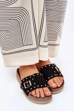 Boto Klapki Korkowe|Klapki Na Platformie*Klapki Damskie Na Platformie Z Klamrą I Ćwiekami Czarne Nusithia Czarny