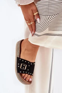 Boto Klapki Korkowe|Klapki Na Platformie*Klapki Damskie Na Platformie Z Klamrą I Ćwiekami Czarne Nusithia Czarny