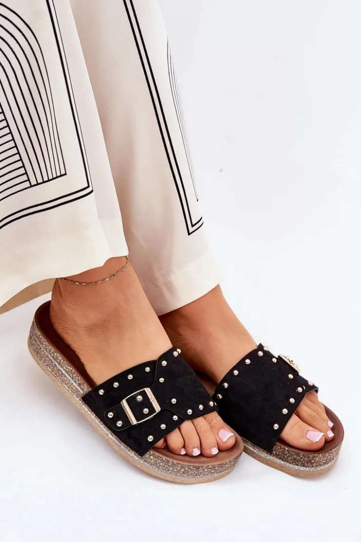 Boto Klapki Korkowe|Klapki Na Platformie*Klapki Damskie Na Platformie Z Klamrą I Ćwiekami Czarne Nusithia Czarny