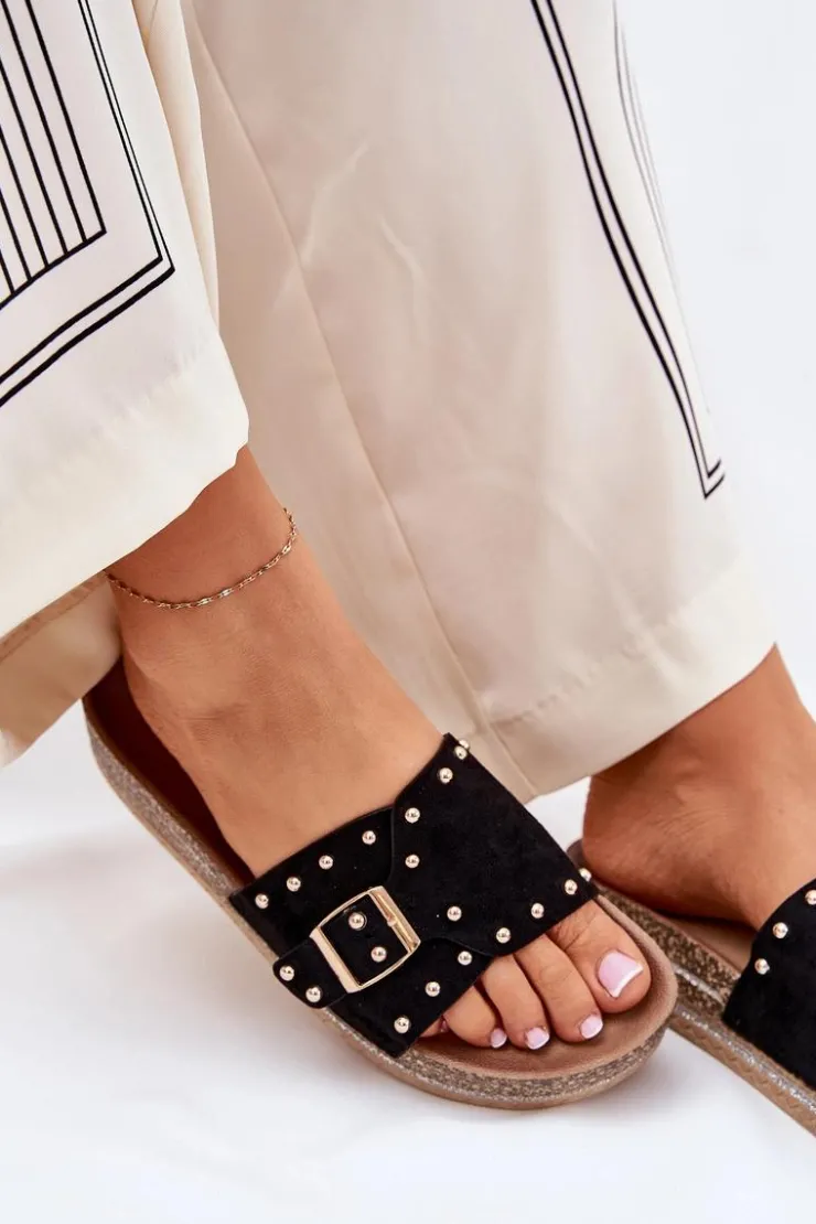 Boto Klapki Korkowe|Klapki Na Platformie*Klapki Damskie Na Platformie Z Klamrą I Ćwiekami Czarne Nusithia Czarny