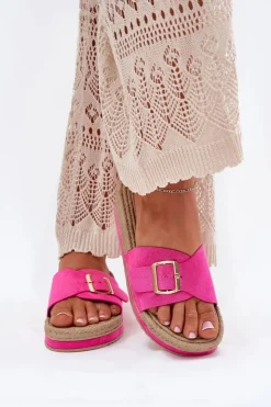 Hot Boto Klapki Damskie Na Platformie Ze Złotą Klamrą Fuksja Selira