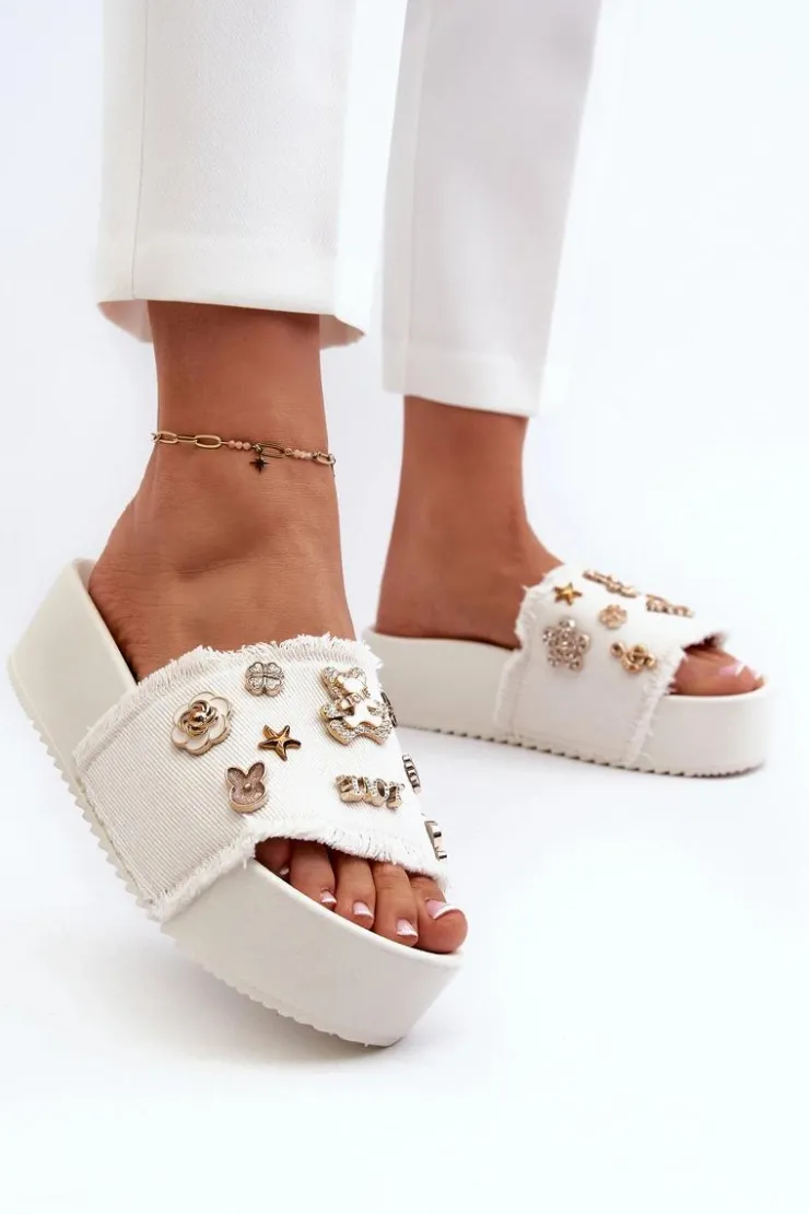 Boto Klapki Damskie Klasyczne*Klapki Damskie Na Platformie Z Przypinkami Białe Zranesia