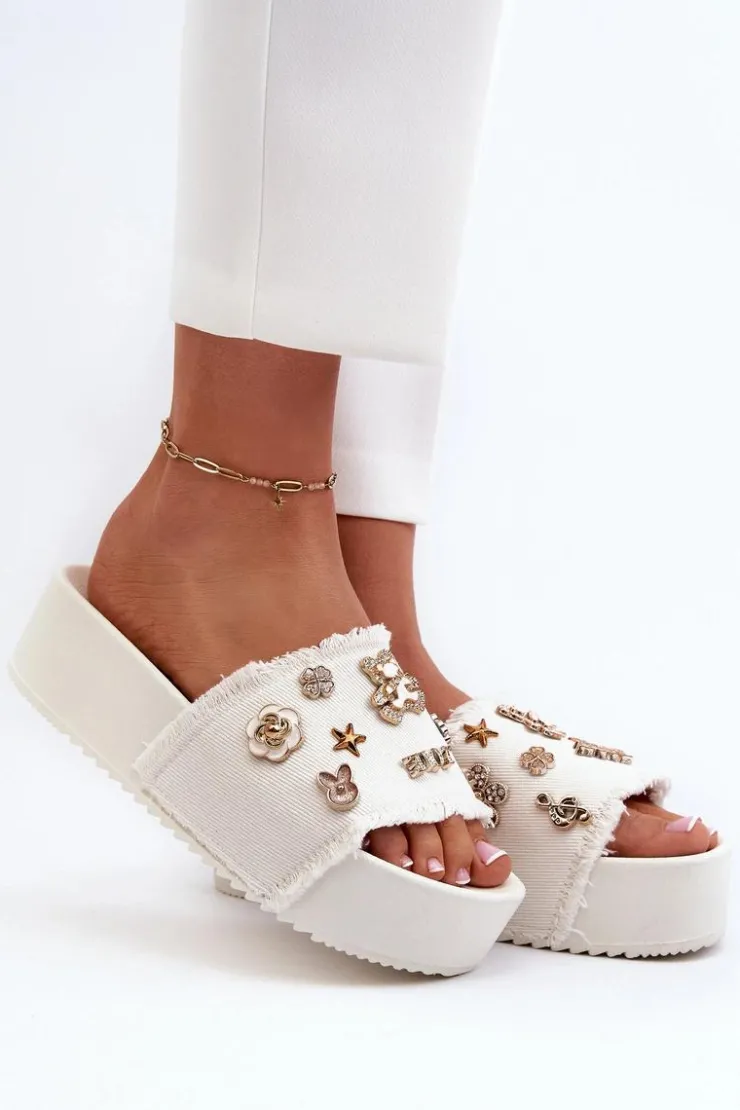 Boto Klapki Damskie Klasyczne*Klapki Damskie Na Platformie Z Przypinkami Białe Zranesia