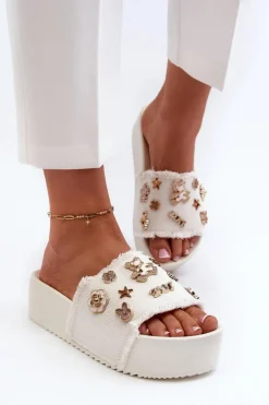 Boto Klapki Damskie Klasyczne*Klapki Damskie Na Platformie Z Przypinkami Białe Zranesia
