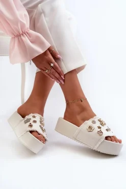 Boto Klapki Damskie Klasyczne*Klapki Damskie Na Platformie Z Przypinkami Białe Zranesia