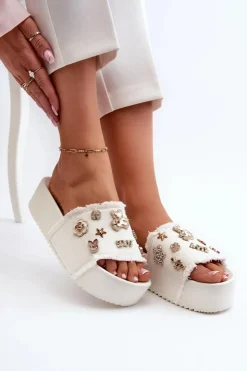 Boto Klapki Damskie Klasyczne*Klapki Damskie Na Platformie Z Przypinkami Białe Zranesia