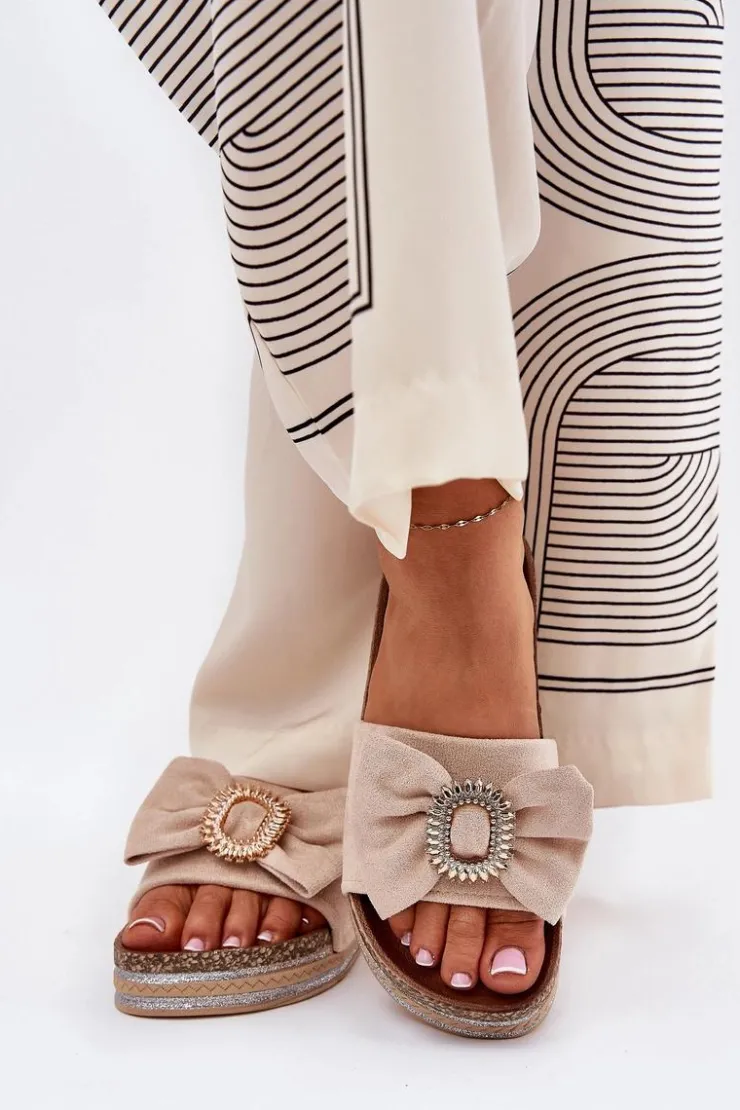 Damskie Boto Klapki Damskie Na Platformie Z Kokardką I Ozdobną Broszką Beżowe Lenela