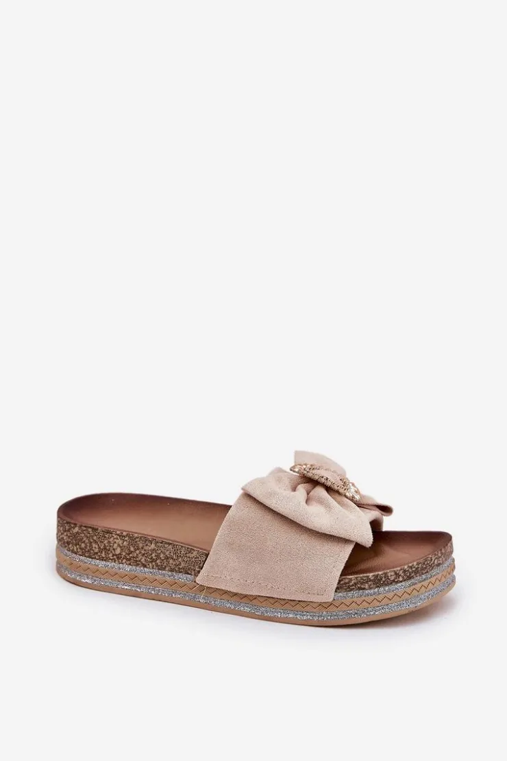 Damskie Boto Klapki Damskie Na Platformie Z Kokardką I Ozdobną Broszką Beżowe Lenela