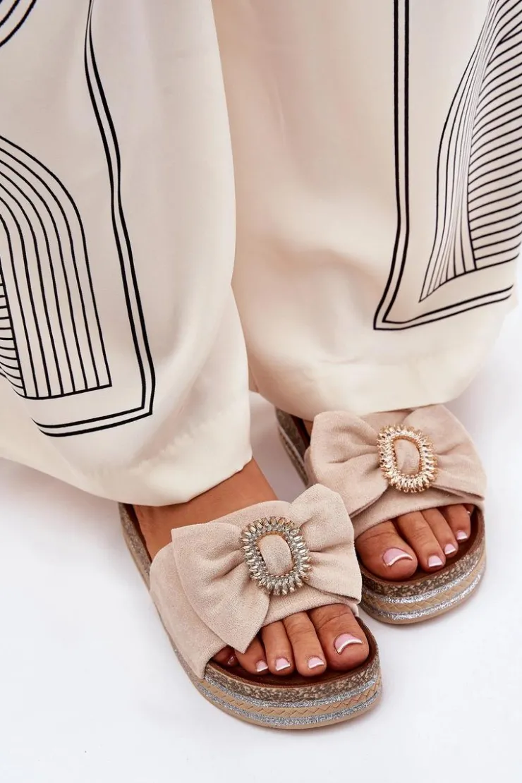 Damskie Boto Klapki Damskie Na Platformie Z Kokardką I Ozdobną Broszką Beżowe Lenela