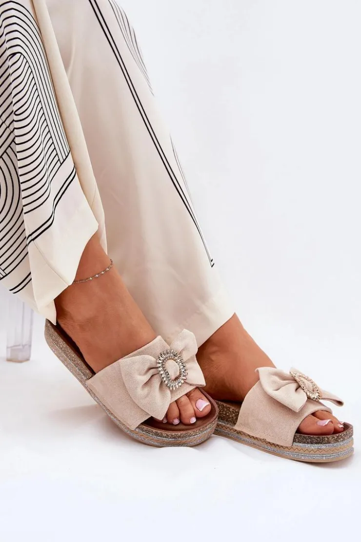 Damskie Boto Klapki Damskie Na Platformie Z Kokardką I Ozdobną Broszką Beżowe Lenela