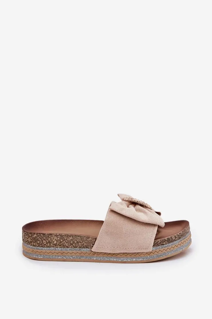 Damskie Boto Klapki Damskie Na Platformie Z Kokardką I Ozdobną Broszką Beżowe Lenela