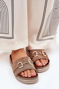 Outlet Boto Klapki Damskie Na Platformie Ze Złotą Ozdobą I Brokatem Khaki Morisela Beżowy