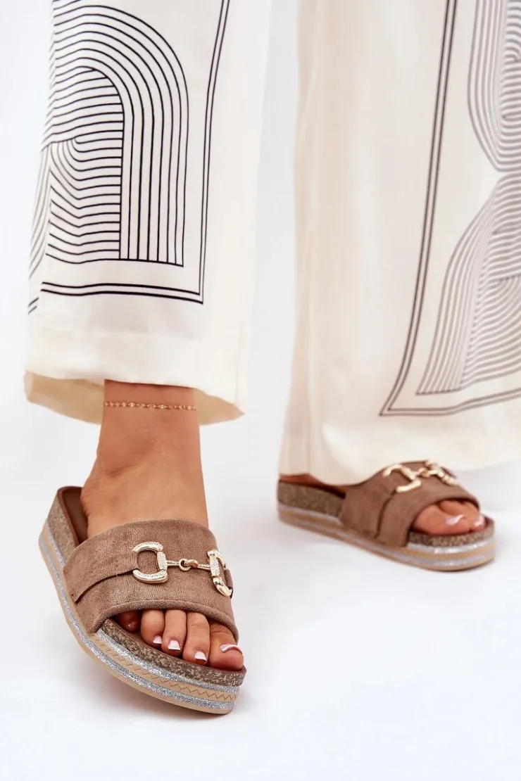 Outlet Boto Klapki Damskie Na Platformie Ze Złotą Ozdobą I Brokatem Khaki Morisela Beżowy