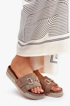 Outlet Boto Klapki Damskie Na Platformie Ze Złotą Ozdobą I Brokatem Khaki Morisela Beżowy