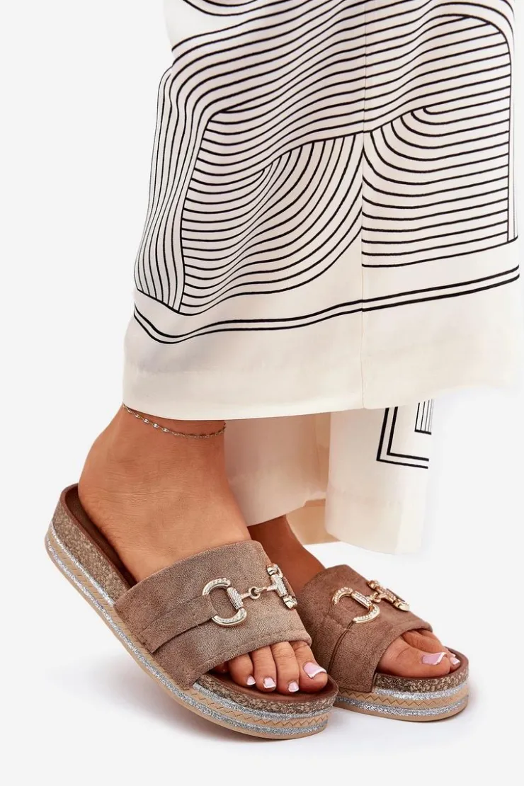 Outlet Boto Klapki Damskie Na Platformie Ze Złotą Ozdobą I Brokatem Khaki Morisela Beżowy