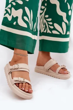 Boto Klapki Na Platformie|Klapki Damskie Klasyczne*Klapki Damskie Na Platformie Ze Złotymi Klamrami Beżowe Wernone Beżowy