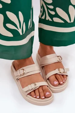 Boto Klapki Na Platformie|Klapki Damskie Klasyczne*Klapki Damskie Na Platformie Ze Złotymi Klamrami Beżowe Wernone Beżowy