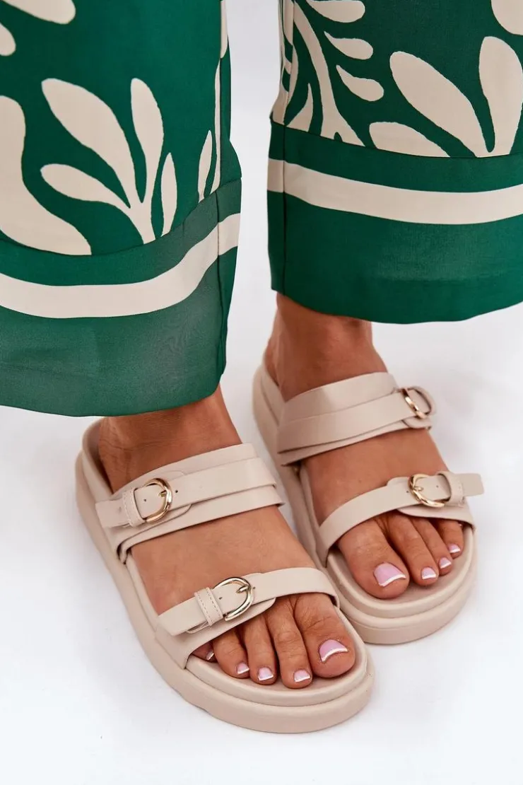 Boto Klapki Na Platformie|Klapki Damskie Klasyczne*Klapki Damskie Na Platformie Ze Złotymi Klamrami Beżowe Wernone Beżowy