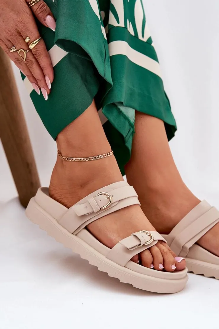 Boto Klapki Na Platformie|Klapki Damskie Klasyczne*Klapki Damskie Na Platformie Ze Złotymi Klamrami Beżowe Wernone Beżowy