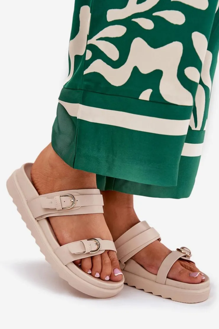 Boto Klapki Na Platformie|Klapki Damskie Klasyczne*Klapki Damskie Na Platformie Ze Złotymi Klamrami Beżowe Wernone Beżowy