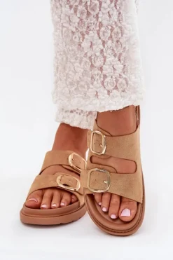 Damskie Boto Klapki Damskie Na Platformie Ze Złotymi Klamrami Camel Verena