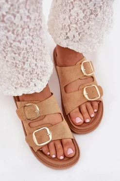 Damskie Boto Klapki Damskie Na Platformie Ze Złotymi Klamrami Camel Verena