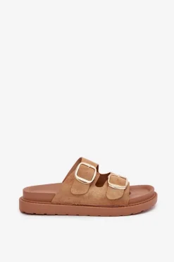 Damskie Boto Klapki Damskie Na Platformie Ze Złotymi Klamrami Camel Verena