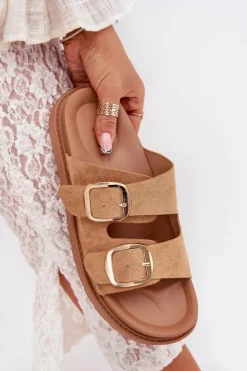 Damskie Boto Klapki Damskie Na Platformie Ze Złotymi Klamrami Camel Verena