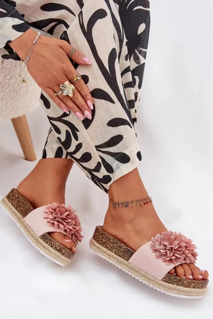 Sale Boto Klapki Damskie Na Platformie Z Ozdobnymi Kwiatkami Różowe Tessara Różowy
