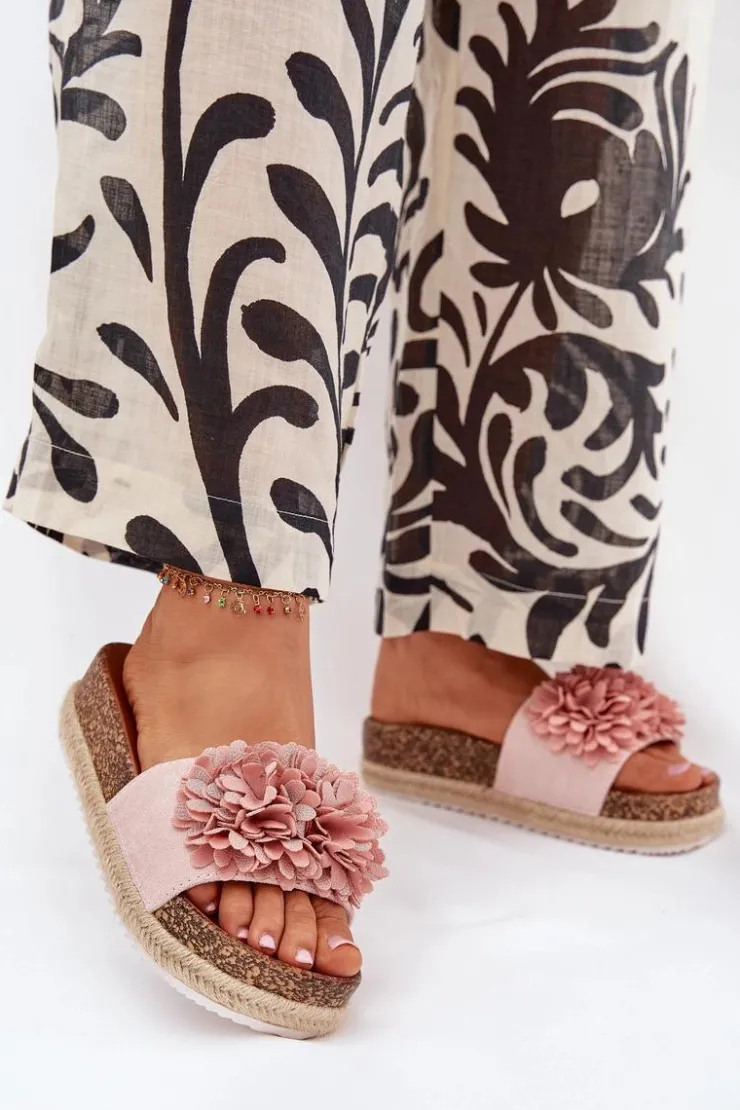 Sale Boto Klapki Damskie Na Platformie Z Ozdobnymi Kwiatkami Różowe Tessara Różowy