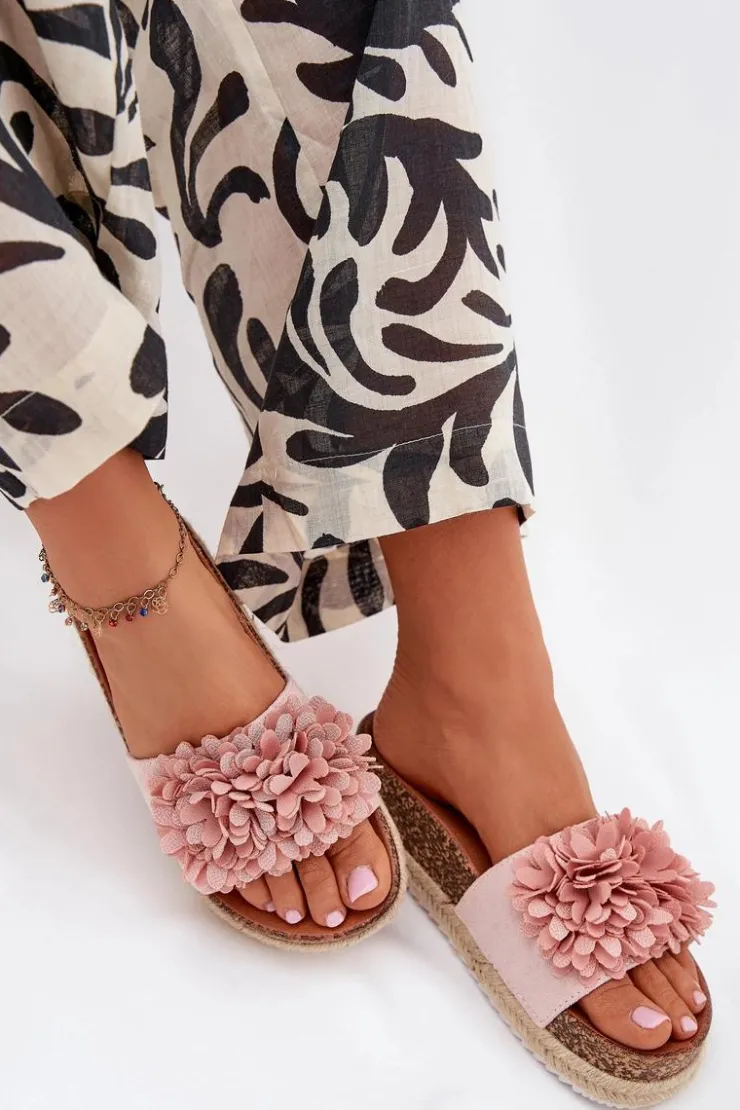 Sale Boto Klapki Damskie Na Platformie Z Ozdobnymi Kwiatkami Różowe Tessara Różowy