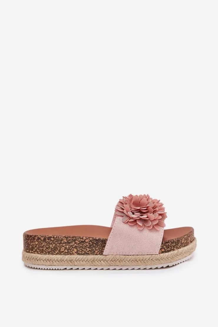 Sale Boto Klapki Damskie Na Platformie Z Ozdobnymi Kwiatkami Różowe Tessara Różowy