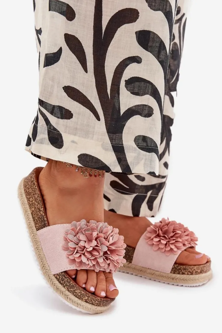 Sale Boto Klapki Damskie Na Platformie Z Ozdobnymi Kwiatkami Różowe Tessara Różowy