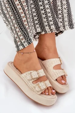 Damskie Boto Klapki Damskie Na Platformie Z Klamrami I Plecionką Beżowe Limme