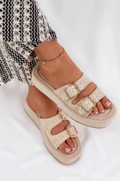 Damskie Boto Klapki Damskie Na Platformie Z Klamrami I Plecionką Beżowe Limme