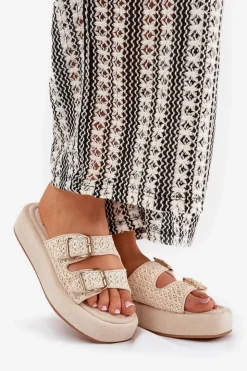 Damskie Boto Klapki Damskie Na Platformie Z Klamrami I Plecionką Beżowe Limme