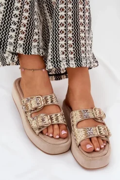 Damskie Boto Klapki Damskie Na Platformie Z Klamrami I Plecionką Khaki Limme