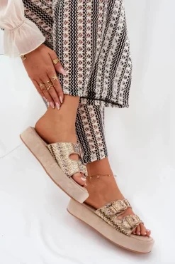 Damskie Boto Klapki Damskie Na Platformie Z Klamrami I Plecionką Khaki Limme