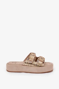 Damskie Boto Klapki Damskie Na Platformie Z Klamrami I Plecionką Khaki Limme