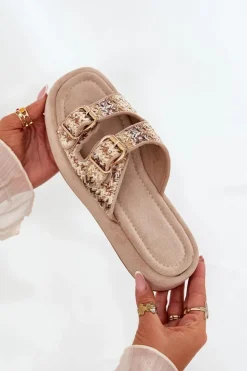 Damskie Boto Klapki Damskie Na Platformie Z Klamrami I Plecionką Khaki Limme