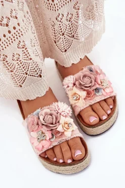 Damskie Boto Klapki Damskie Na Platformie Z Plecionką I Kwiatkami Różowe Chellia