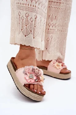 Damskie Boto Klapki Damskie Na Platformie Z Plecionką I Kwiatkami Różowe Chellia