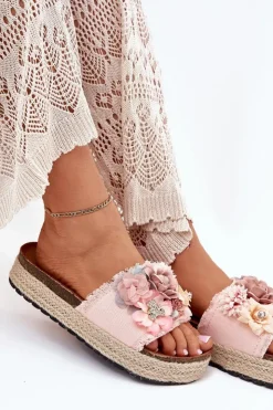 Damskie Boto Klapki Damskie Na Platformie Z Plecionką I Kwiatkami Różowe Chellia