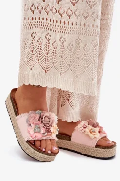 Damskie Boto Klapki Damskie Na Platformie Z Plecionką I Kwiatkami Różowe Chellia