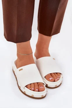 Damskie Big Star Shoes Klapki Damskie Na Platformie Z Ćwiekami Big Star RR274216 Białe