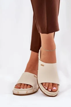 Big Star Shoes Klapki Damskie Big Star|Klapki Na Platformie*Klapki Damskie Na Platformie Z Ćwiekami Big Star RR274215 Beżowe Beżowy