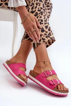 Damskie Evento Klapki Damskie Na Platformie Z Klamrami Eko Zamszowe Fuksja Ursila