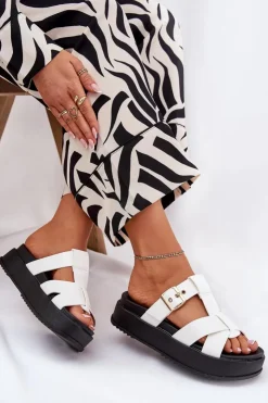 Outlet Boto Klapki Damskie Na Platformie Z Paskami I Klamrą Białe Elimessa